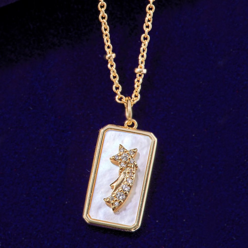 Champagne Gold Necklace, Mother Of Pearl, Rectangle Pendant with shootin…